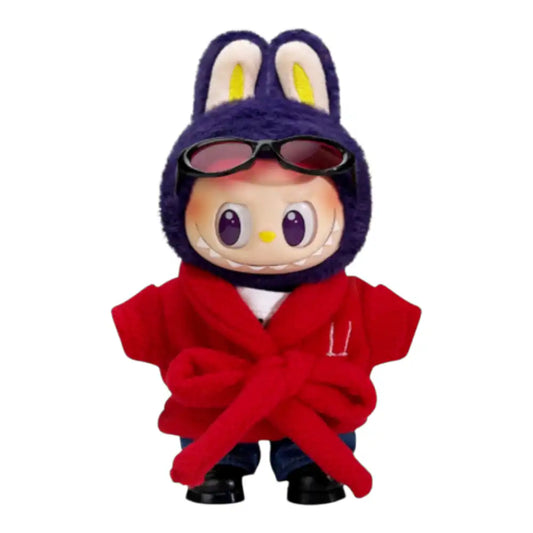 Labubu plush toy wearing a complete 6-piece GD Style Red Robe Outfit, including a robe, robe belt, top, pants, sunglasses, and shoes.