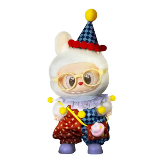 Labubu plush toy wearing a complete 6-piece Red & Blue Clown Outfit, including a hat, neck ruffle/collar, small bag, pants, glasses, and shoes.
