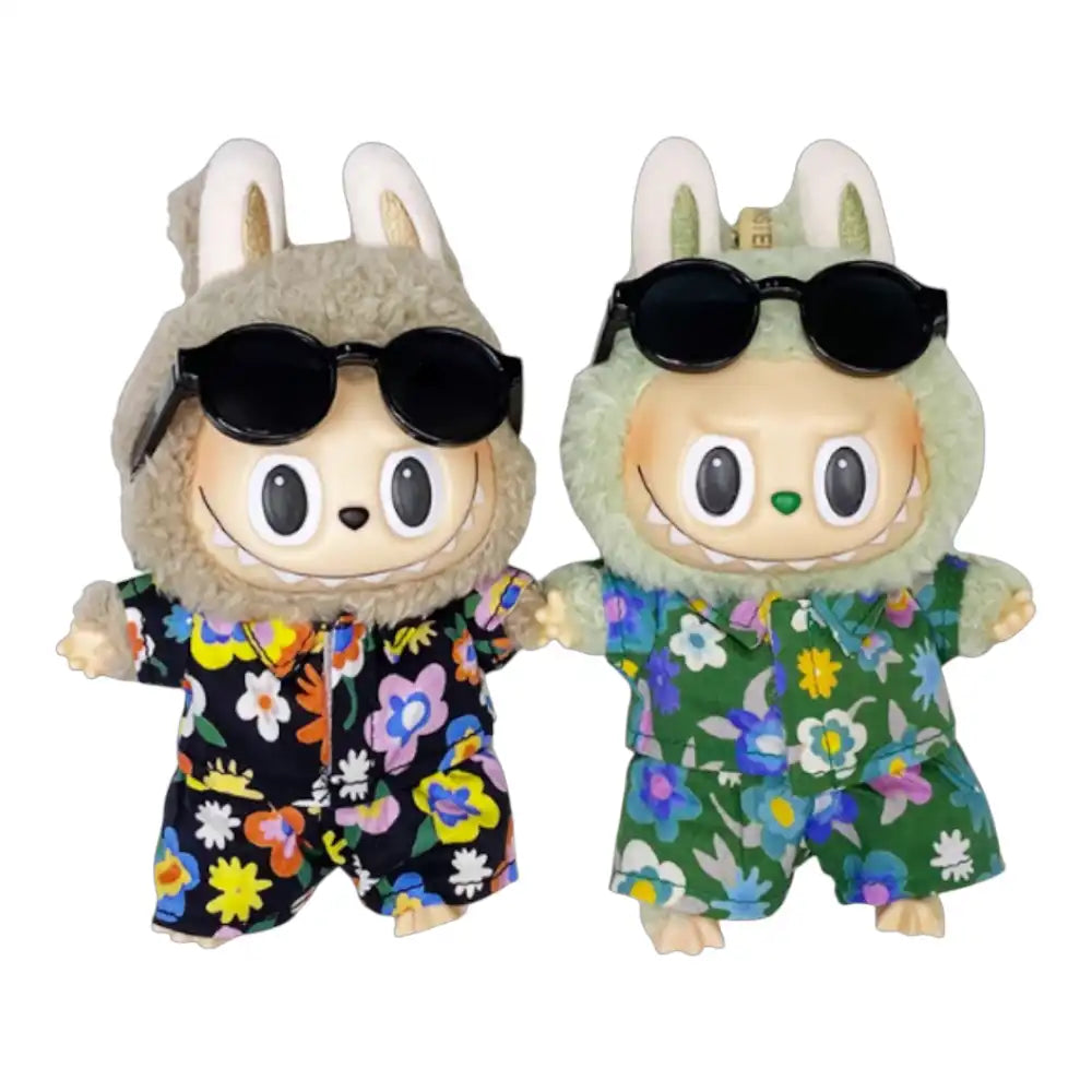 Labubu plush toy wearing a 3-piece Hawaii style shirt outfit, including a shirt, pants, and sunglasses, available in black or green.