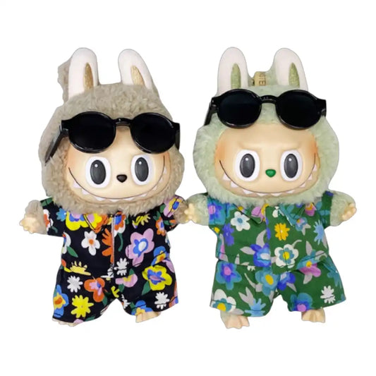 Labubu plush toy wearing a 3-piece Hawaii style shirt outfit, including a shirt, pants, and sunglasses, available in black or green.