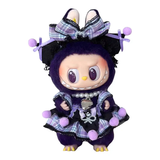 Labubu plush toy wearing a complete Kuromi style outfit, featuring elements like a black and pink dress, a skull accessory, and a matching headpiece.