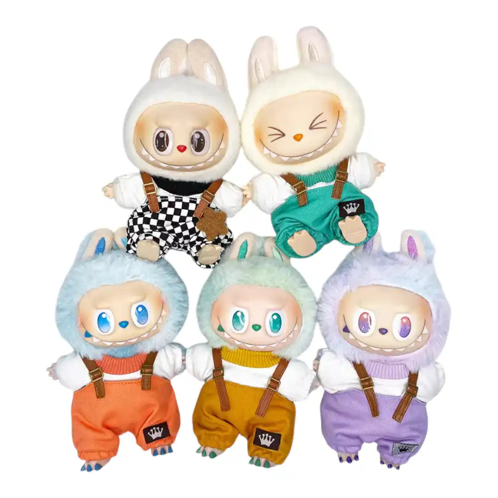 Labubu plush toy wearing a complete kindergarten cute outfit, designed for a sweet and innocent look, available in black and white plaid, purple, green, orange, or yellow.