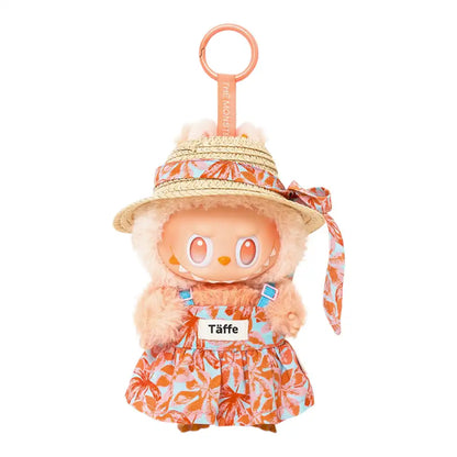 Labubu plush toy wearing a 2-piece floral skirt outfit, including a floral-patterned skirt and a straw hat, available in orange, green, or blue.