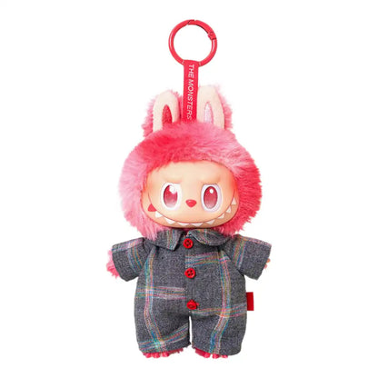 Labubu plush toy wearing a 1-piece bodysuit outfit, available in light yellow, purple, mud yellow, grey, green, or rose red.