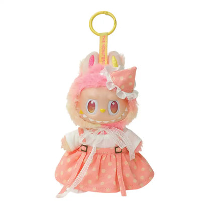 Labubu plush toy wearing a 2-piece French vintage dress outfit, including a dress and a hat, available in pink, blue, or green.