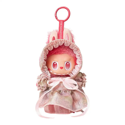 Labubu plush toy wearing a 2-piece French vintage dress outfit, including a dress and a hat, available in pink, blue, or green.