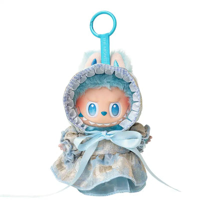 Labubu plush toy wearing a 2-piece French vintage dress outfit, including a dress and a hat, available in pink, blue, or green.