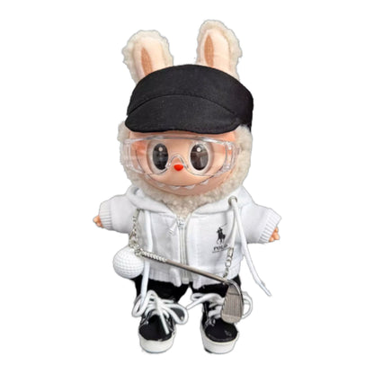 Labubu plush toy wearing a full 7-item Golf Style Outfit, including windproof glasses, sweater, pants, shoes, hat, miniature golf ball, and club, available in White, Pink, and Blue.