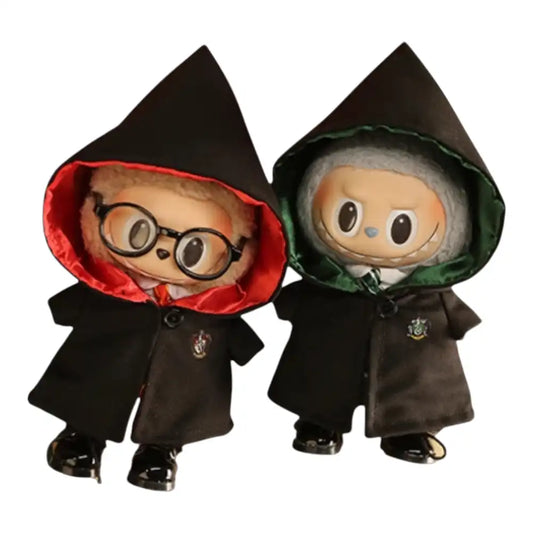 Labubu plush toy wearing a Harry Potter Hogwarts uniform outfit, featuring a black robe, house-specific sweater, white shirt, and bottoms, representing one of the four houses.