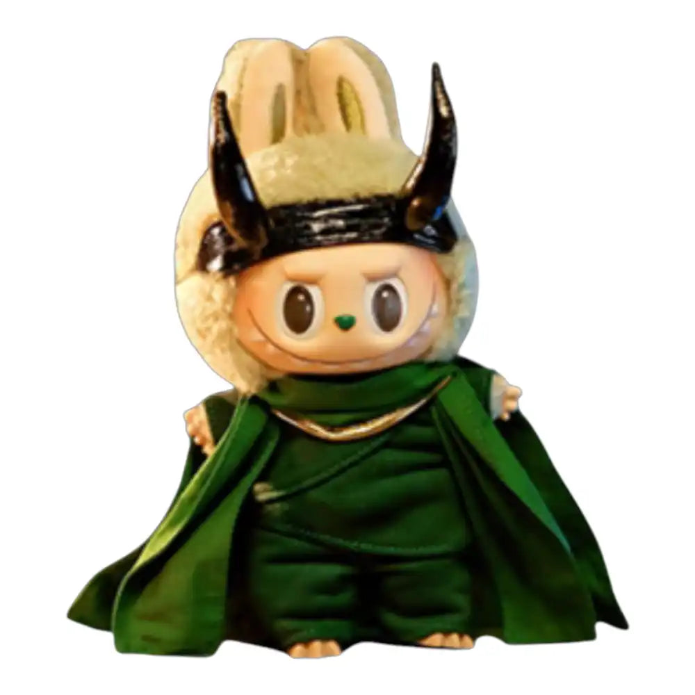 Labubu plush toy wearing the complete Marvel Loki God of Stories outfit, featuring horned headpiece, tunic, pants, and cape.