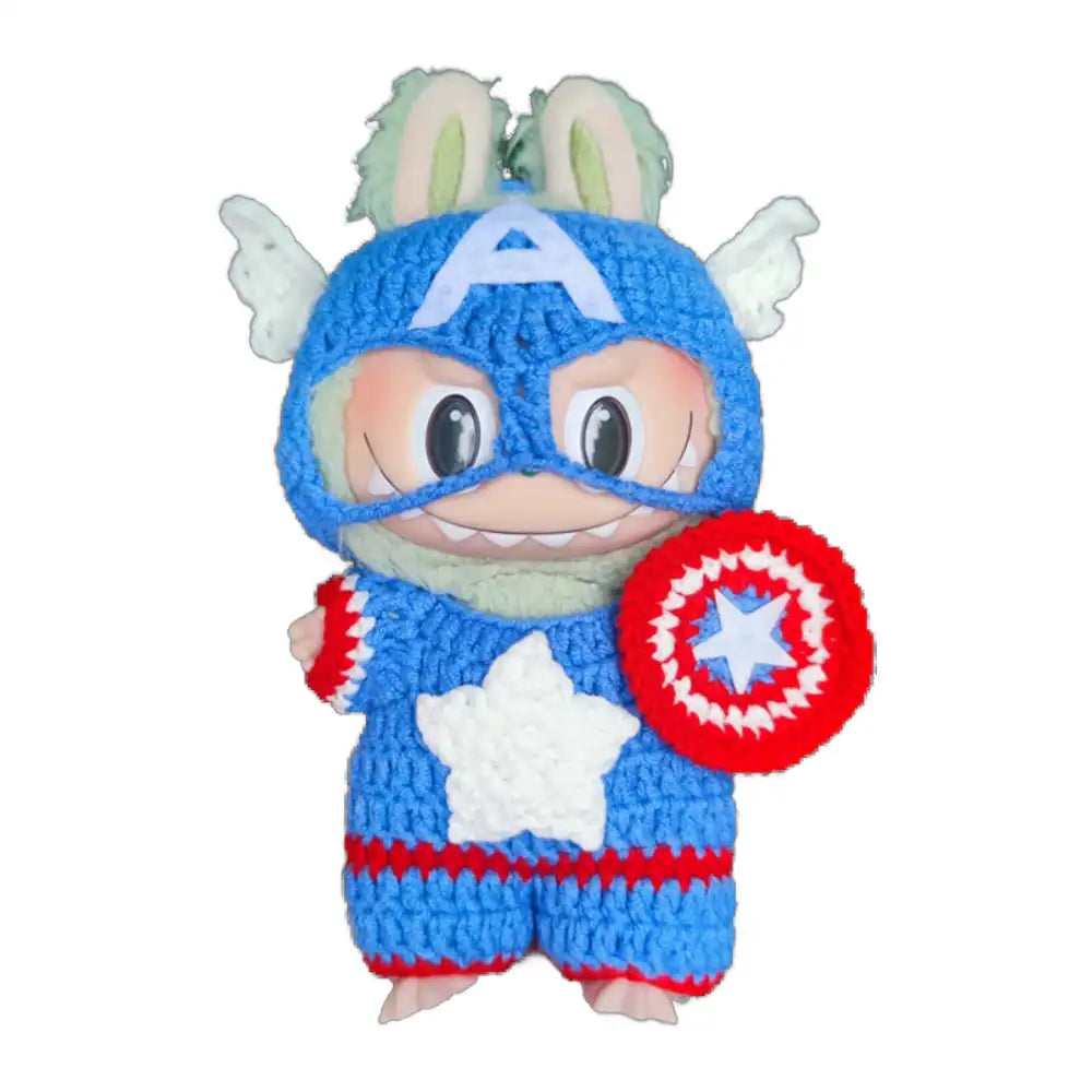 Labubu plush toy wearing a complete Captain America Outfit, featuring the iconic red, white, and blue design.