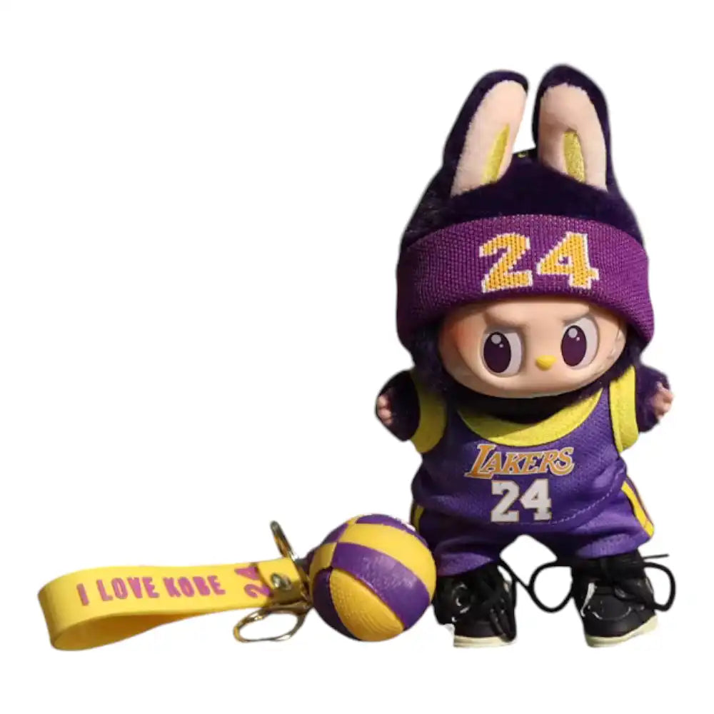 Labubu plush toy wearing the complete NBA Lakers No. 24 outfit, featuring a purple and gold jersey, matching shorts, headband, and a basketball charm.