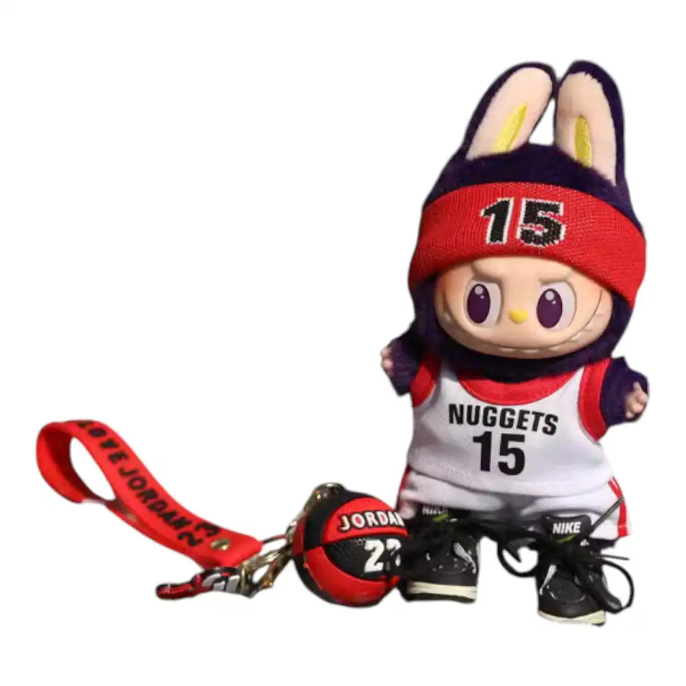 Labubu plush toy wearing the complete NBA Nuggets No. 15 outfit, featuring a team jersey, matching shorts, and a headband.