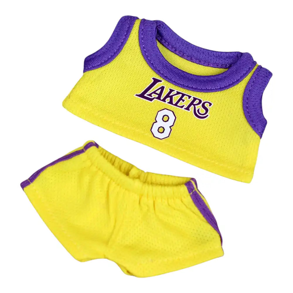 Labubu plush toy wearing the complete NBA Los Angeles Lakers No. 8 outfit, featuring a yellow and purple replica jersey and matching shorts.
