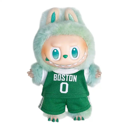 Labubu plush toy wearing the complete NBA Boston Celtics No. 0 outfit, featuring a green and white replica jersey and matching shorts.