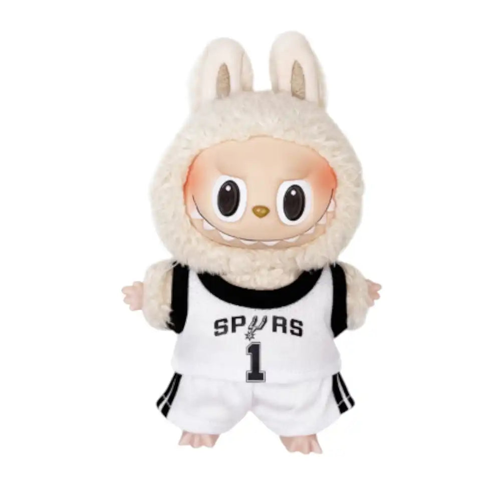 Labubu plush toy wearing the complete NBA San Antonio Spurs No. 1 outfit, featuring a replica jersey and matching shorts.