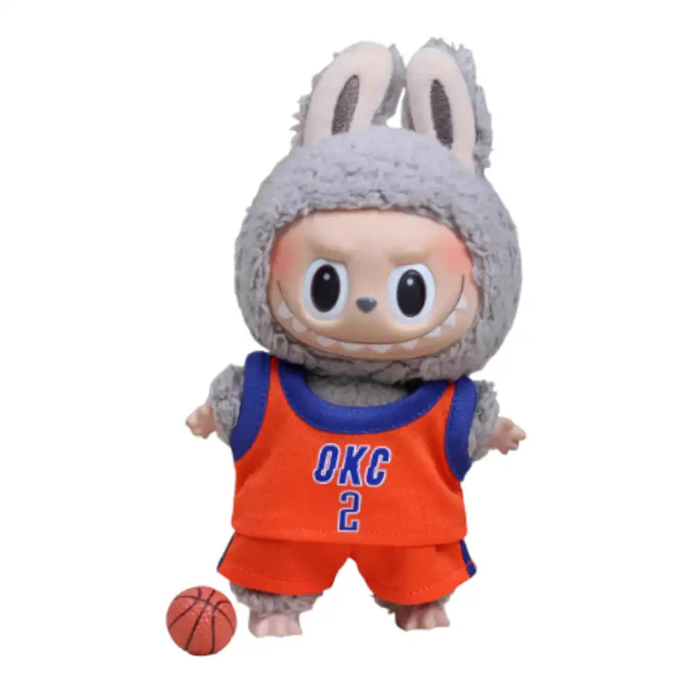 Labubu plush toy wearing the complete NBA Oklahoma City Thunder No. 2 outfit, featuring a replica jersey and matching shorts.