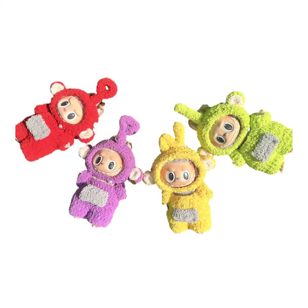 Labubu plush toy wearing a complete Teletubbies-themed Outfit, available in Tinky Winky (purple), Dipsy (green), Laa-Laa (yellow), or Po (red) styles.