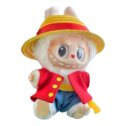 Labubu plush toy wearing the complete 4-piece One Piece Monkey D. Luffy outfit, featuring straw hat, red vest, blue shorts, and yellow sash.