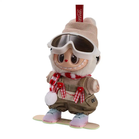 Labubu plush toy wearing a full 6-item Snowboard Sweater Style Outfit, including a scarf, snowboard shoes (White or Colorful), sweater, overalls, ski goggles, and beanie.
