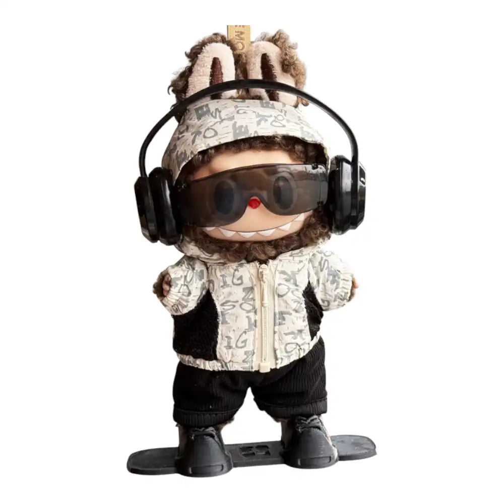 Labubu plush toy wearing a full 6-item Snowboard Zip Hoodie Style Outfit, including a hoodie, snowboard pants, windproof glasses, headphones, backpack, and a miniature snowboard.