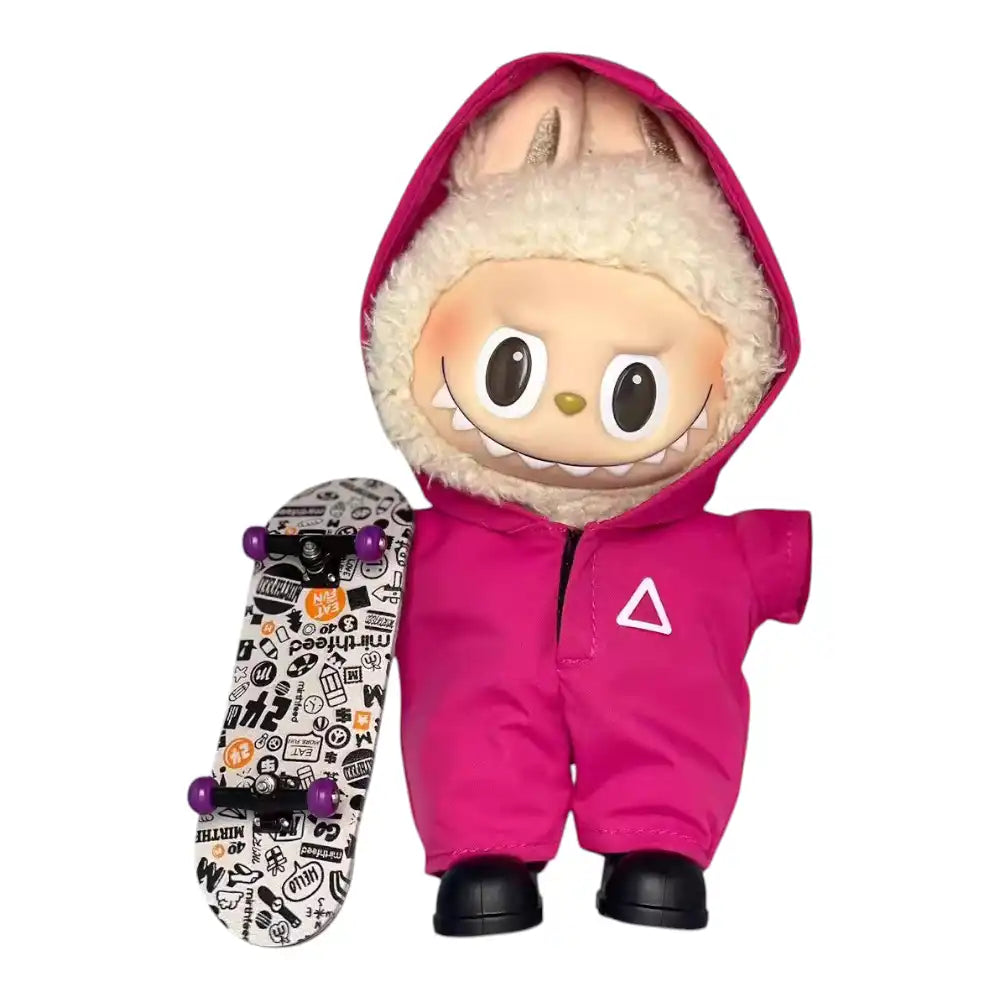 Labubu plush toy wearing a pink Squid Game Guard jumpsuit and black boots.