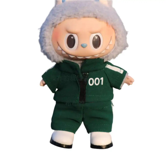 Labubu plush toy wearing a green Squid Game Player jumpsuit with a customizable number (001, 456, or 230) and player shoes.