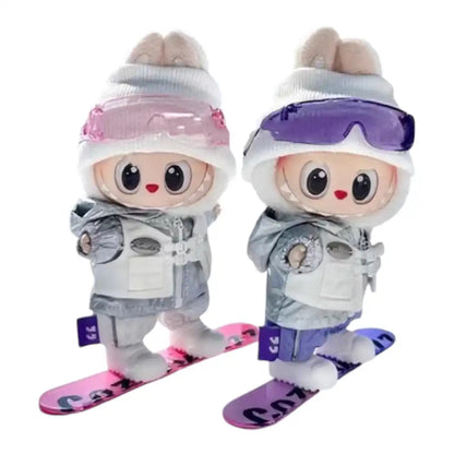 Labubu plush toy wearing a full 5-item Ski Suit Sports Outfit, including a ski hat, goggles, top, pants, and a miniature snowboard, available in various vibrant colors.