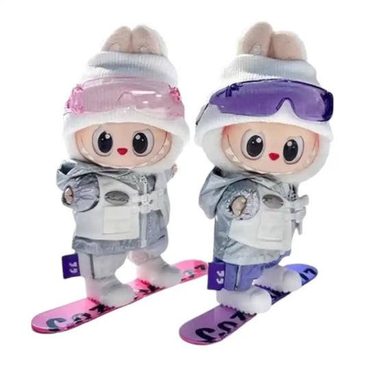 Labubu plush toy wearing a full 5-item Ski Suit Sports Outfit, including a ski hat, goggles, top, pants, and a miniature snowboard, available in various vibrant colors.