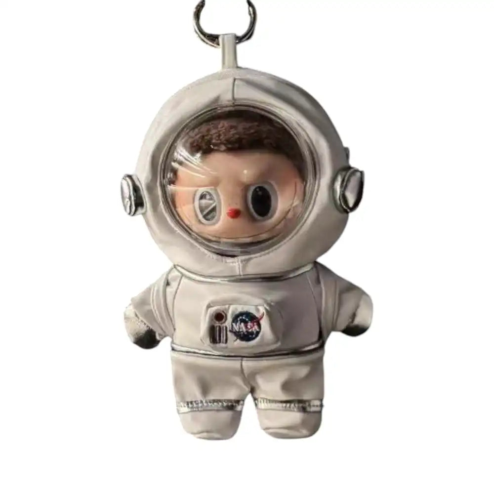 Labubu plush toy wearing a highly detailed, one-piece NASA Space Suit Outfit, complete with an attached helmet with clear visor and integrated space boots.