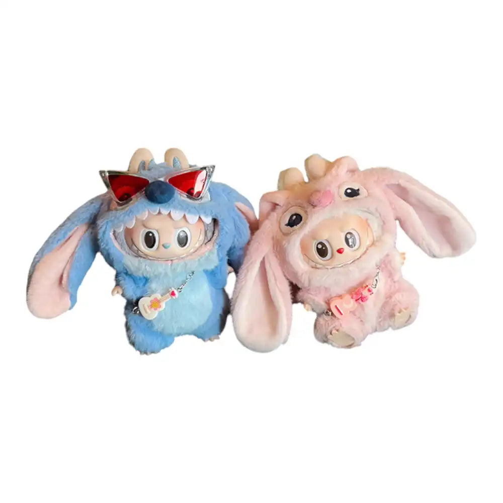 Labubu plush toy wearing either a Stitch or Angel character-themed outfit, complete with a miniature guitar bag and triangle glasses.