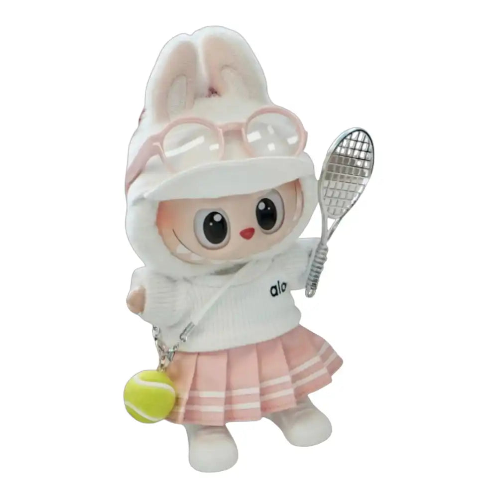 Labubu plush toy wearing a full 7-item Tennis Style Outfit, including a hat, top, skirt, glasses, shoes, tennis ball, and racket, available in Pink and Black.