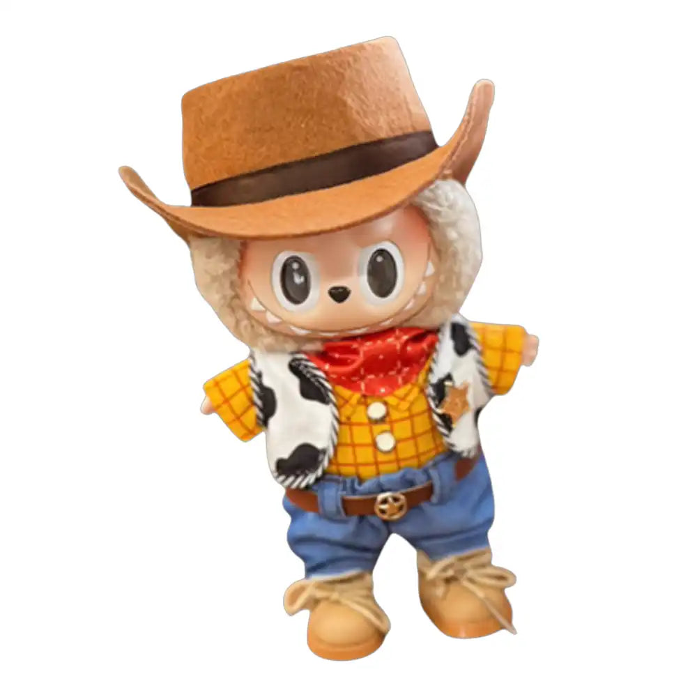 Labubu plush toy wearing the complete 6-piece Toy Story Woody outfit, featuring sheriff's hat, plaid shirt, cow print vest, denim-style pants, red bandana, and boot covers.
