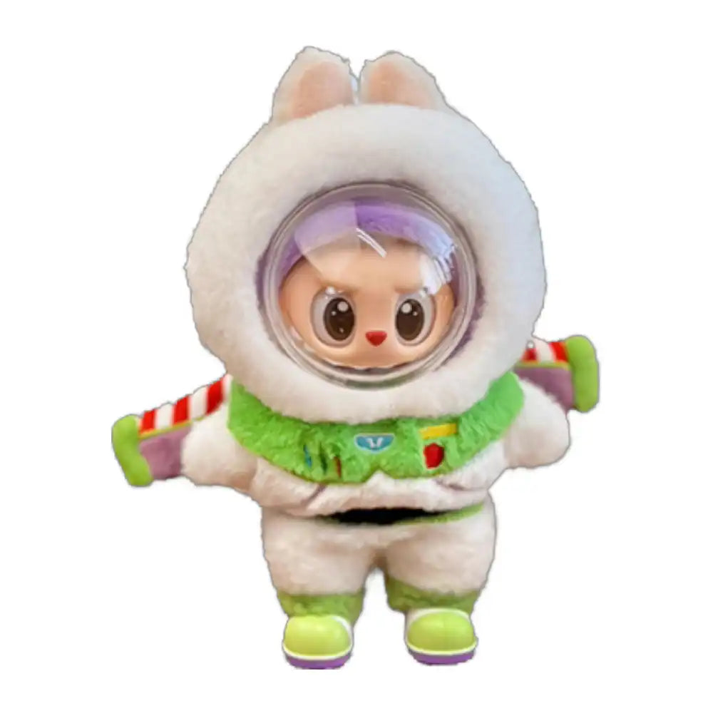 Labubu plush toy wearing the complete 2-piece Toy Story Buzz Lightyear outfit, featuring space suit bodysuit with integrated wings and helmet.