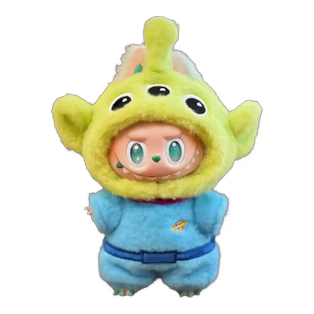 Labubu plush toy wearing the Toy Story Alien outfit, featuring a green bodysuit with purple sash and a three-eyed headpiece with an antenna.