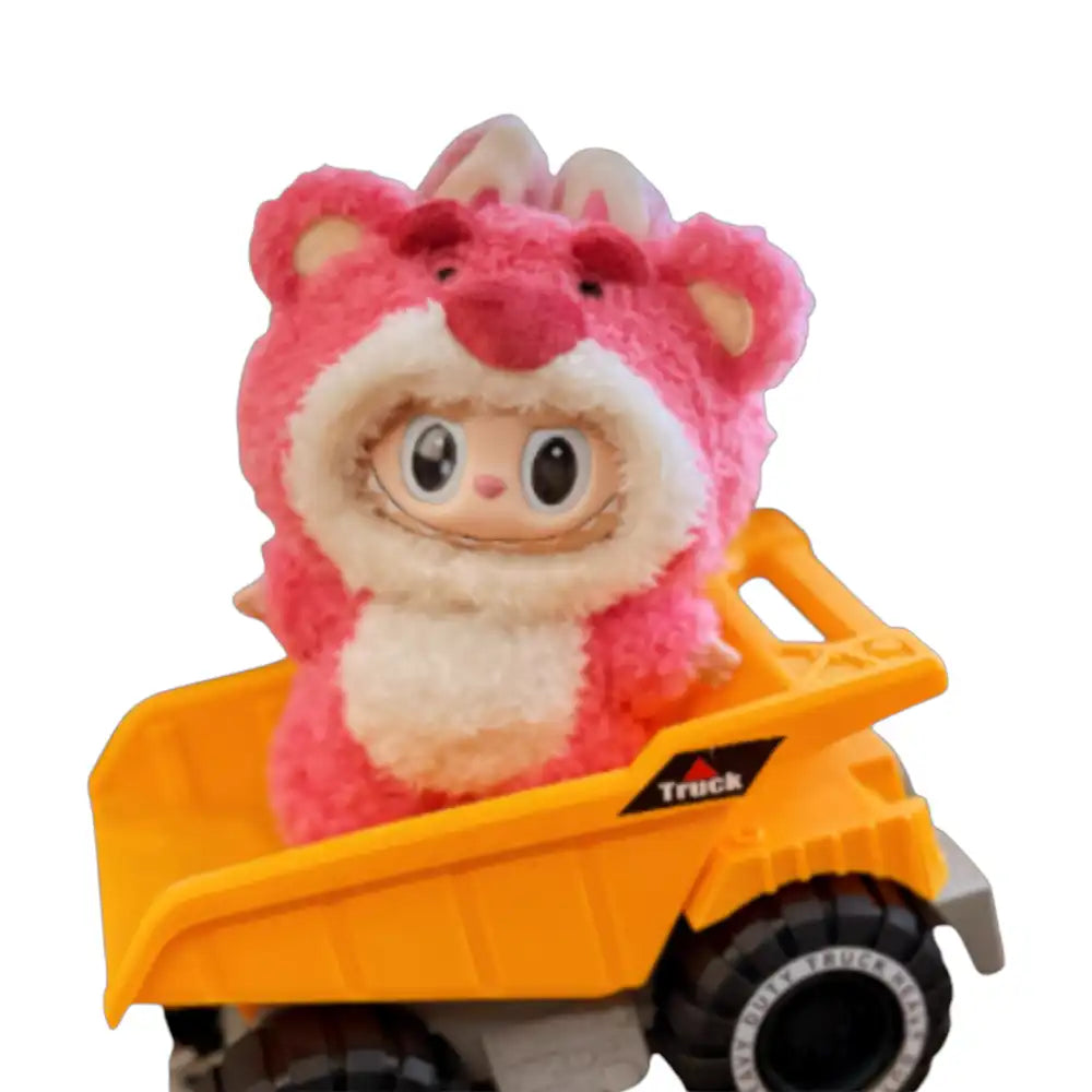 Labubu plush toy wearing the Toy Story Lotso outfit, featuring a pink furry bodysuit with white belly patch and a headpiece with ears and facial features.