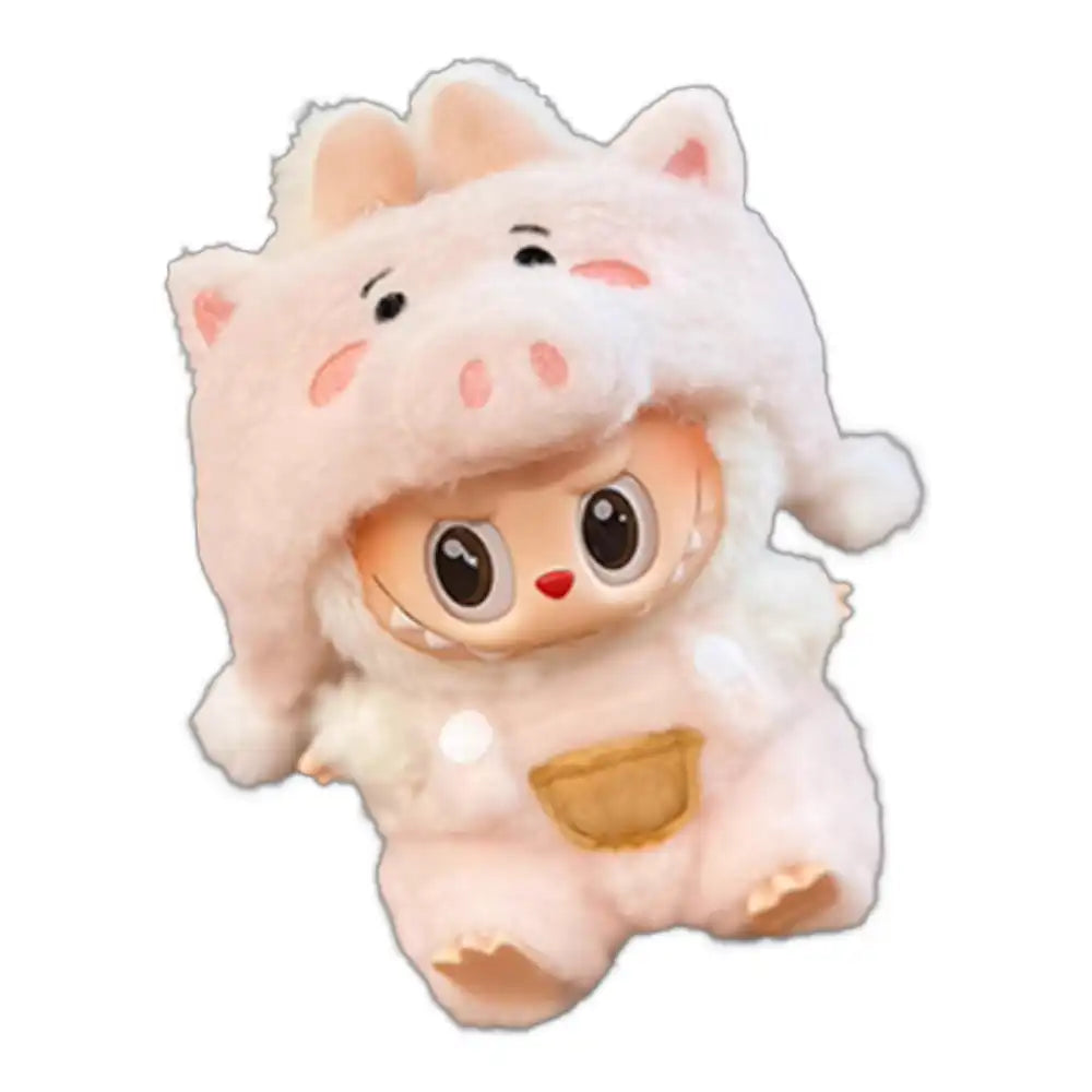 Labubu plush toy wearing the Toy Story Hamm outfit, featuring a pink piggy bank bodysuit with coin slot details and a headpiece with ears and snout.