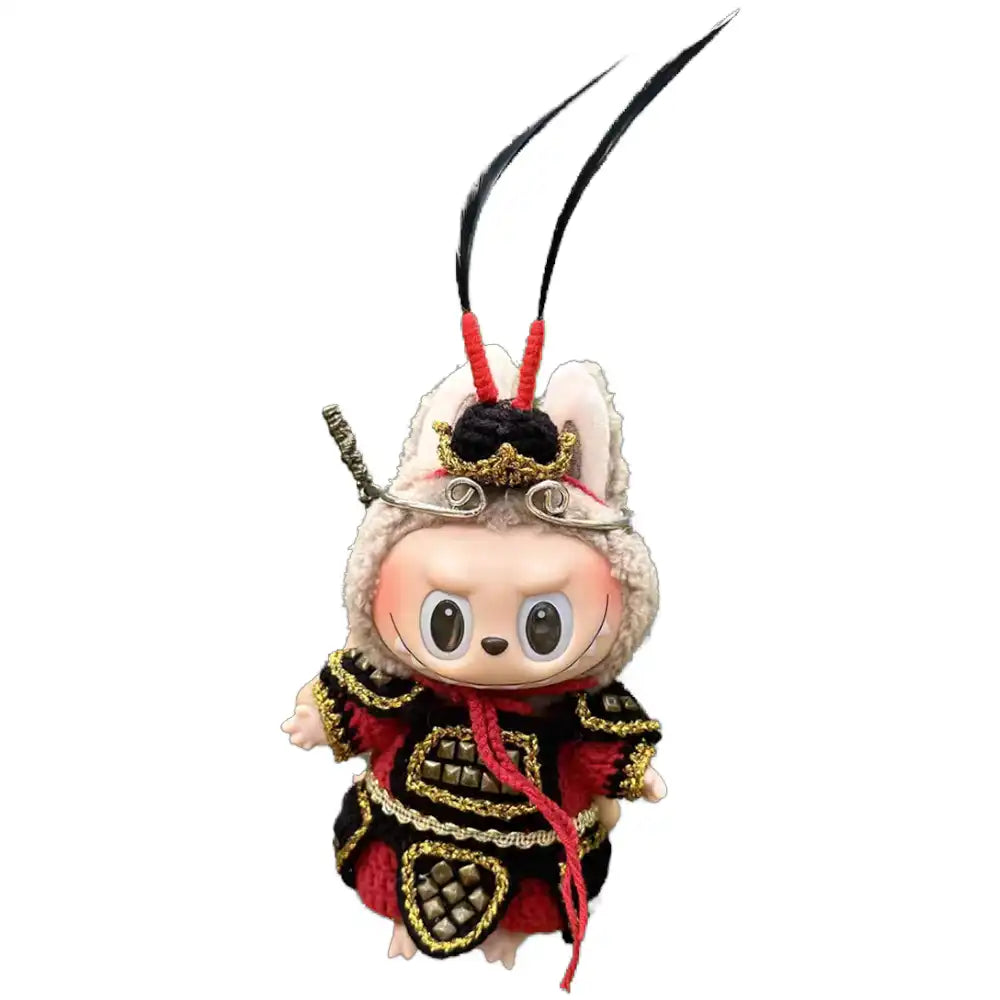 Labubu plush toy wearing a complete Wukong Black Myth Style Outfit, inspired by the darker interpretations of Sun Wukong.