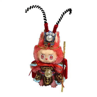 Labubu plush toy wearing a complete Wukong Red Cape Style Outfit, prominently featuring a flowing red cape, inspired by the Monkey King.