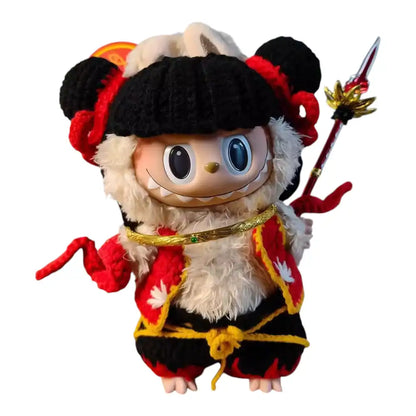 Labubu plush toy wearing a complete Nezha-themed outfit, featuring the mythical deity's iconic garments and accessories.
