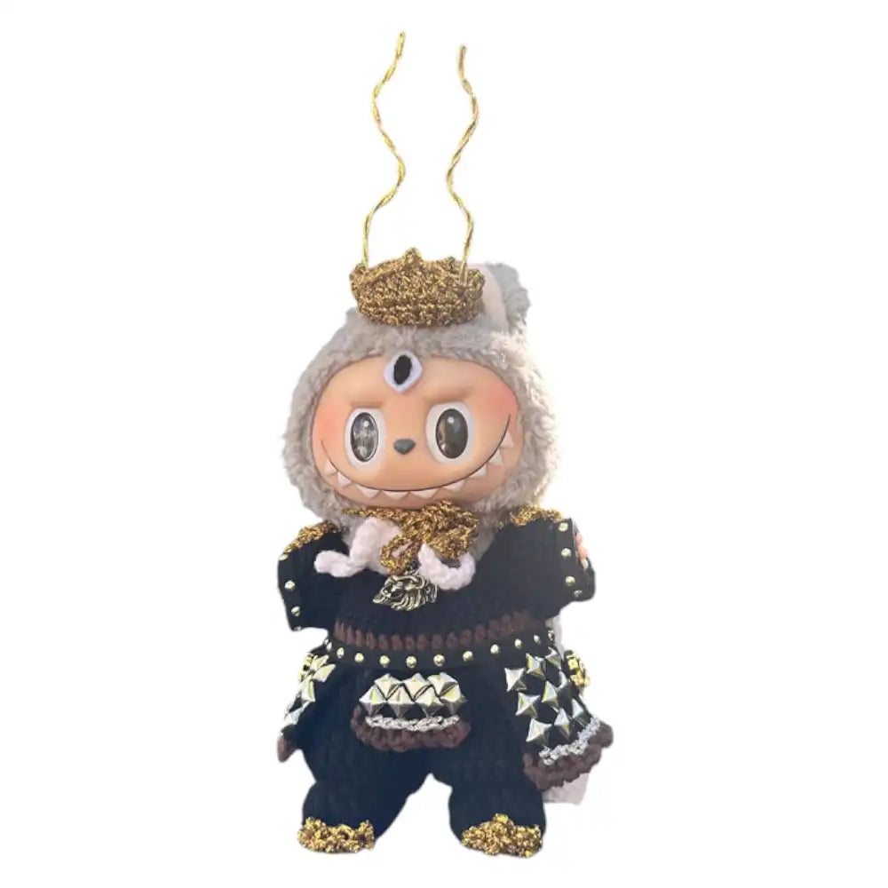 Labubu plush toy wearing a complete Erlang Shen-themed Outfit, featuring intricate details reminiscent of the powerful deity's traditional attire.