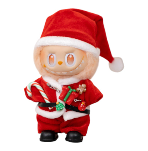 A Labubu figure wearing a classic red Santa Claus outfit, complete with a hat, coat, and pants.