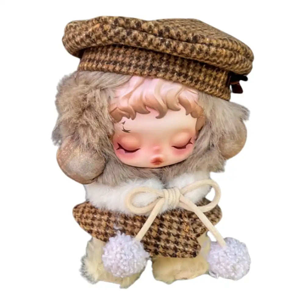Skullpanda plush figure wearing the Winter Milktea Outfit, consisting of a plaid beret-style hat and a matching plaid skirt.