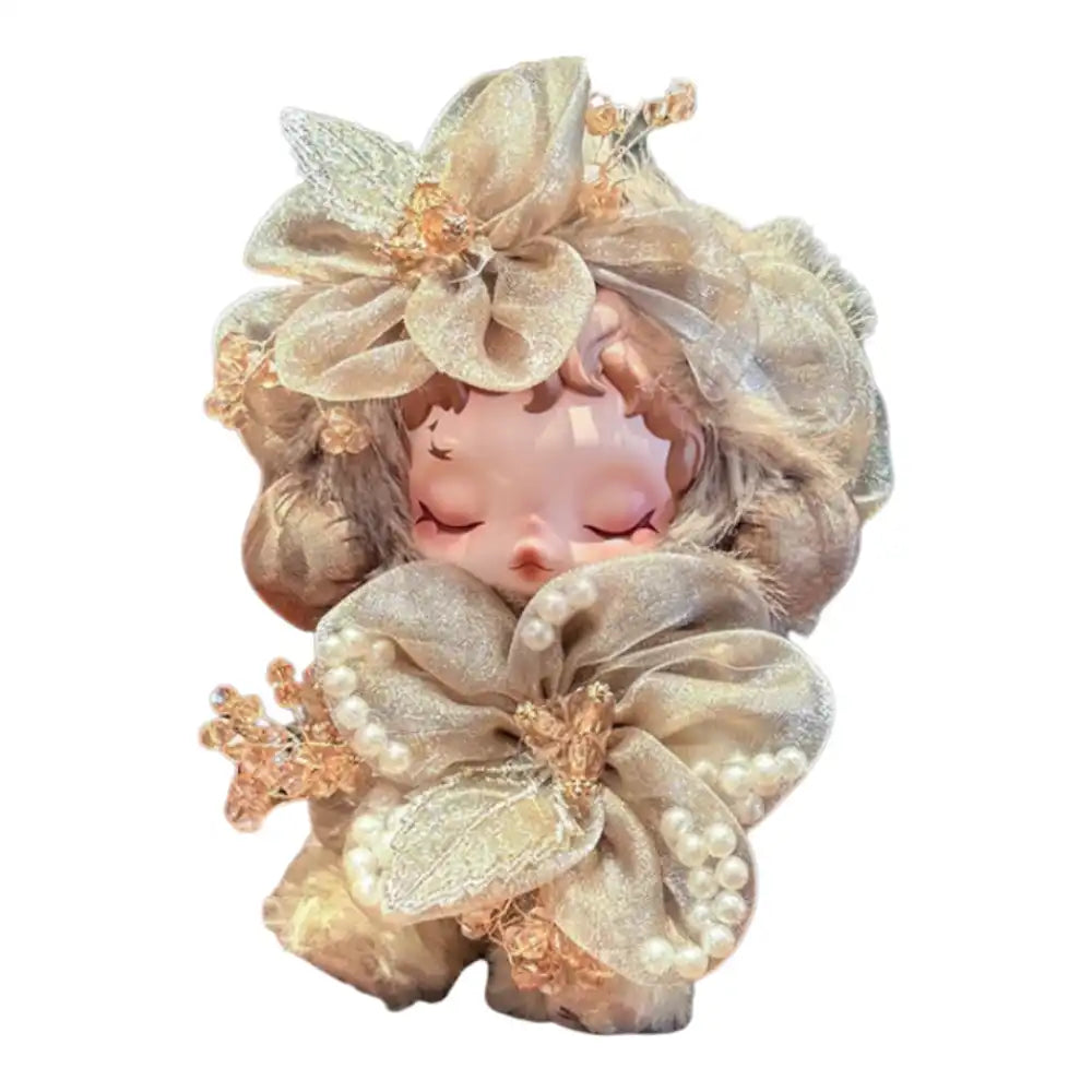 Skullpanda plush figure wearing the Miss Flower Outfit, a 2-piece set featuring a gold and champagne embellished dress and intricate floral headwear.