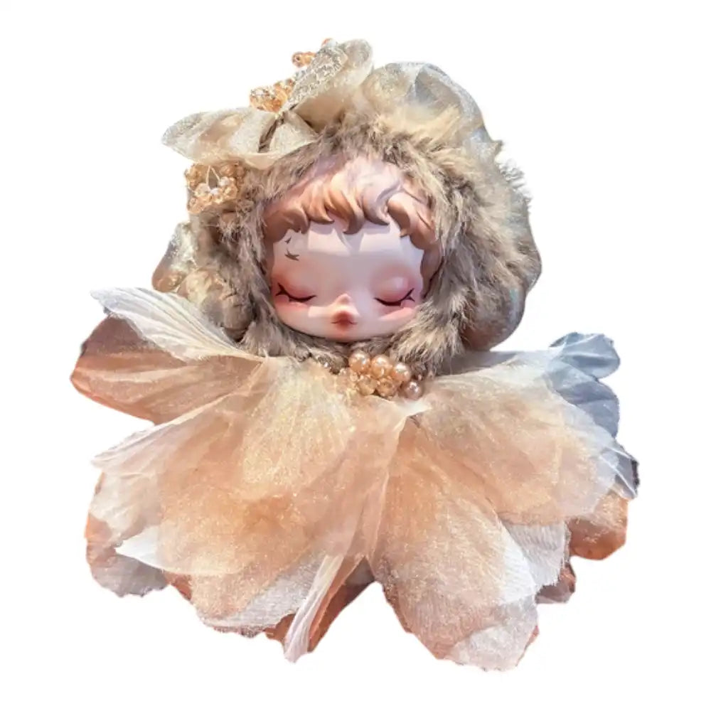 Skullpanda plush figure wearing the Pearlleafs Outfit, a 2-piece set featuring a voluminous layered dress with faux pearl accents and a decorative floral headpiece.