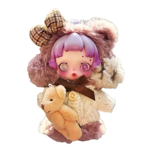 Skullpanda plush figure wearing the Lost Bear Outfit, featuring a knitted sweater with an attached teddy bear and headwear with a checkered bow. Available in Beige and White.