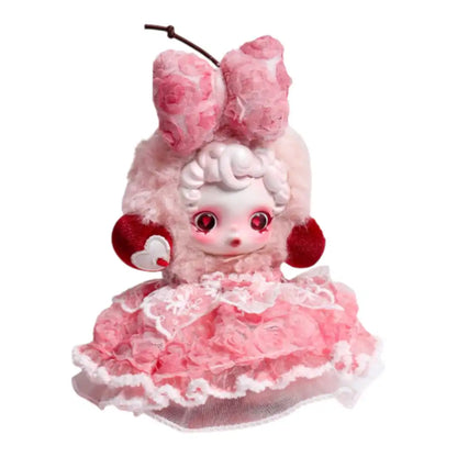 Skullpanda plush figure wearing the Wedding Dress Outfit, featuring a plush body wrap, layered tulle skirt, and a floral lace headwear bow. Available in Rose Red, Rainbow, and Yellow.