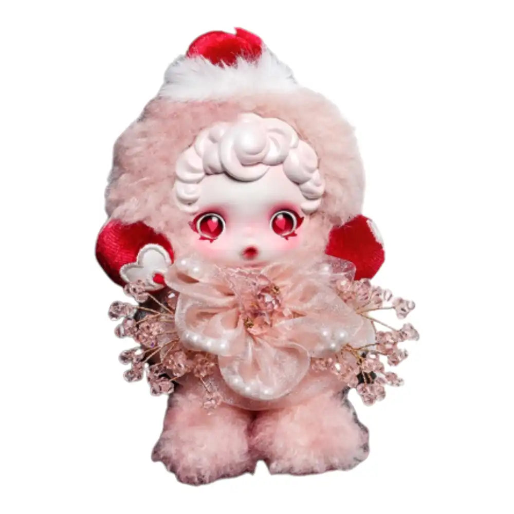 Skullpanda plush figure wearing the Moldy Cake Outfit, a rosy pink plush dress embellished with a large satin bow, faux pearls, and pink crystal beads.