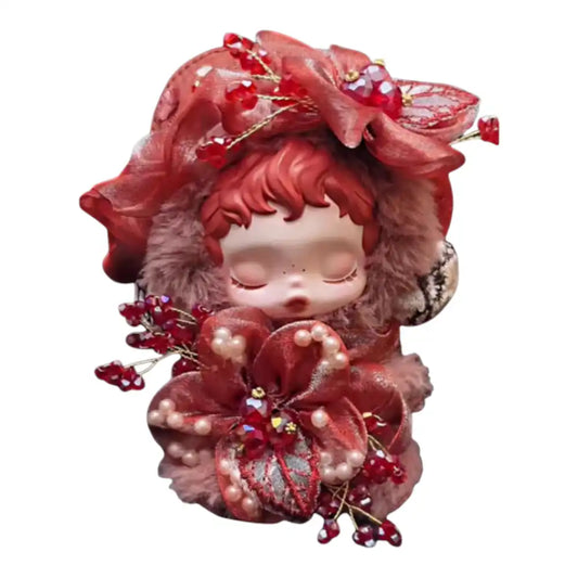 Skullpanda plush figure wearing the Red Flowers Outfit, featuring a crystal-embellished flower headwear and a dress with a large multilayered fabric flower centerpiece.