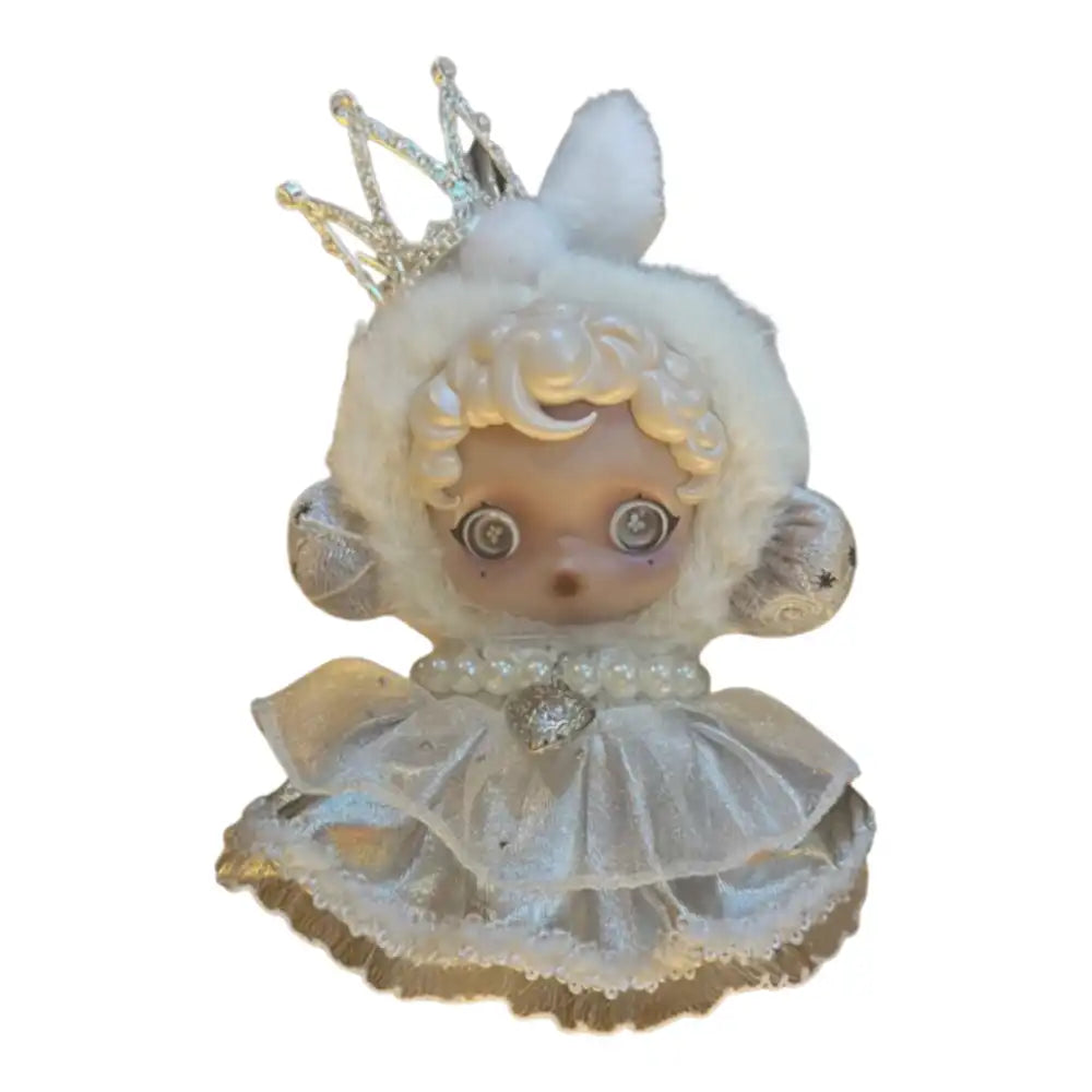 Skullpanda plush figure wearing the Crown Outfit, featuring a crowned plush hood, a layered silver dress, and a pearl necklace accessory, evoking a Winter Princess theme.